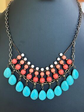 Boho Statement Necklace fauxTurquoise Teardrop faux Coral & White Beads 22” bib
